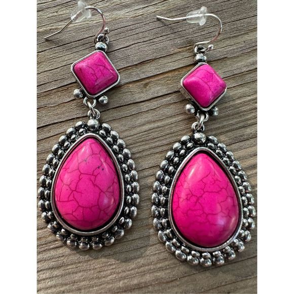 Western Jewelry - Western Barbie Hot Pink Earrings Cowgirl Nashville Fuchsia Dangle Drop Country